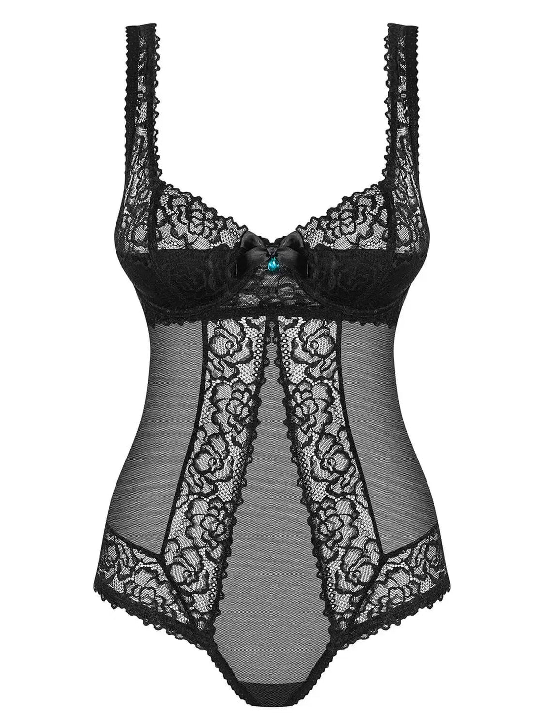 Melrose Bodysuit: Fabulous black lace teddy with underwire, padded cups, satin bows, and turquoise stones.