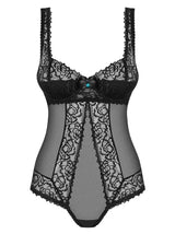 Melrose Bodysuit: Fabulous black lace teddy with underwire, padded cups, satin bows, and turquoise stones.