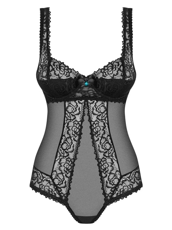 Melrose Bodysuit: Fabulous black lace teddy with underwire, padded cups, satin bows, and turquoise stones.