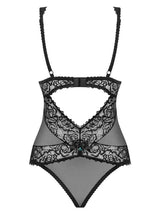 Black lace and sheer mesh Melrose Bodysuit with padded, underwire cups, satin bows, and turquoise stones.