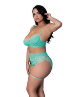 Magic Silk Queen Caribbean Crush Demi Bra Set w/ Garter Belt Aqua Blue
