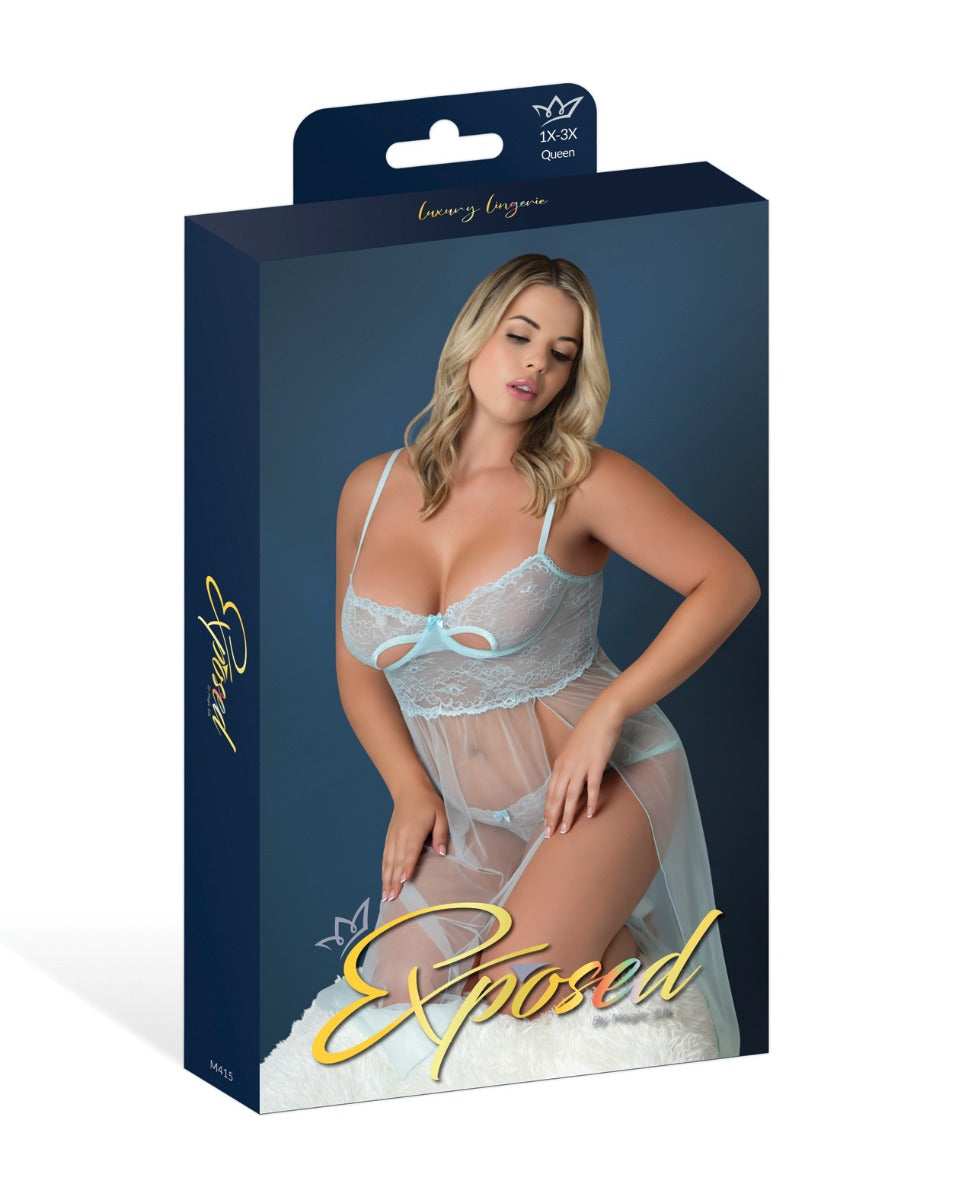 Exposed Queen Blue Sky Long Chemise & Boy Short Panty - Light Blue