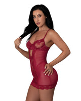 Exposed Black Cherry Demi Cup Chemise & Thong Set - Red