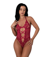 Exposed Black Cherry Halter Teddy - Red
