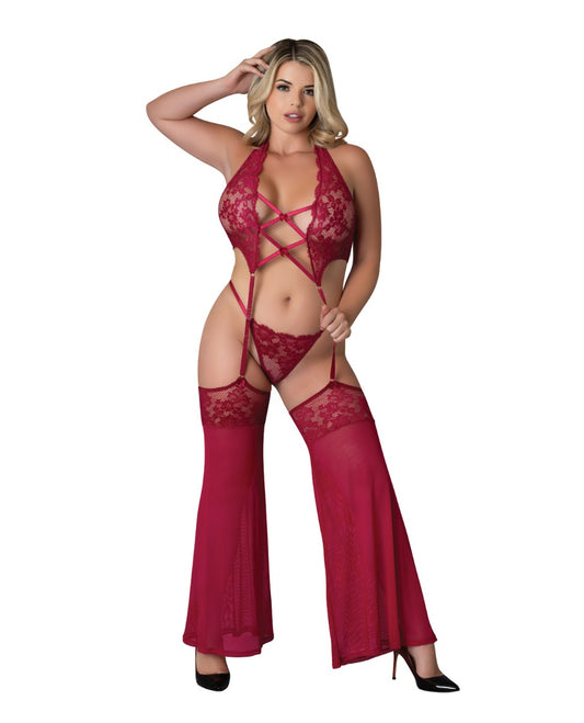 Exposed Queen Black Cherry Plunge Top w/Removable Chaps & Cheeky Panty Set Red