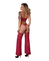 Exposed Black Cherry Plunge Top w/Removable Chaps & Cheeky Panty Set - Red