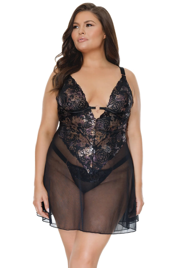 Coquette Queen Metallic Floral Lace & Mesh Babydoll-Rebel Romance