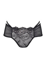 Black Axami Meteorite Lace Ouvert Bikini briefs with transparent tulle and voluptuous floral lace.