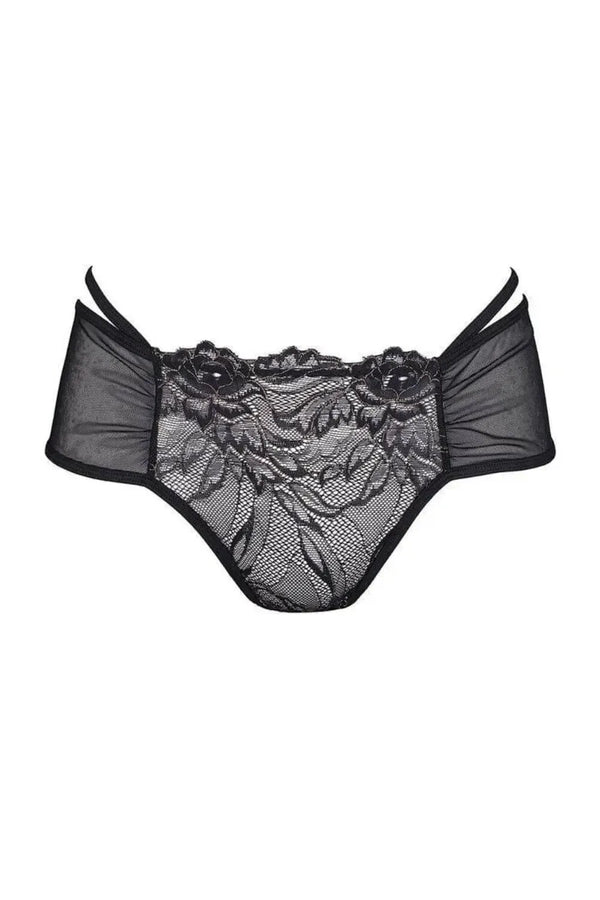 Black Axami Meteorite Lace Ouvert Bikini briefs with transparent tulle and voluptuous floral lace.