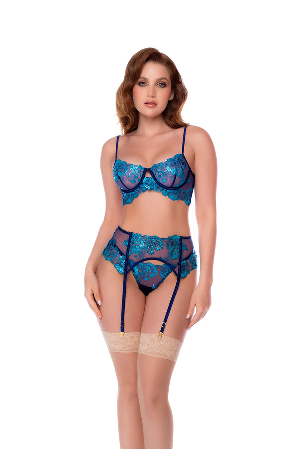 Midnight Bloom Embroidered Bra, Thong & Garter Belt Set - Mapale