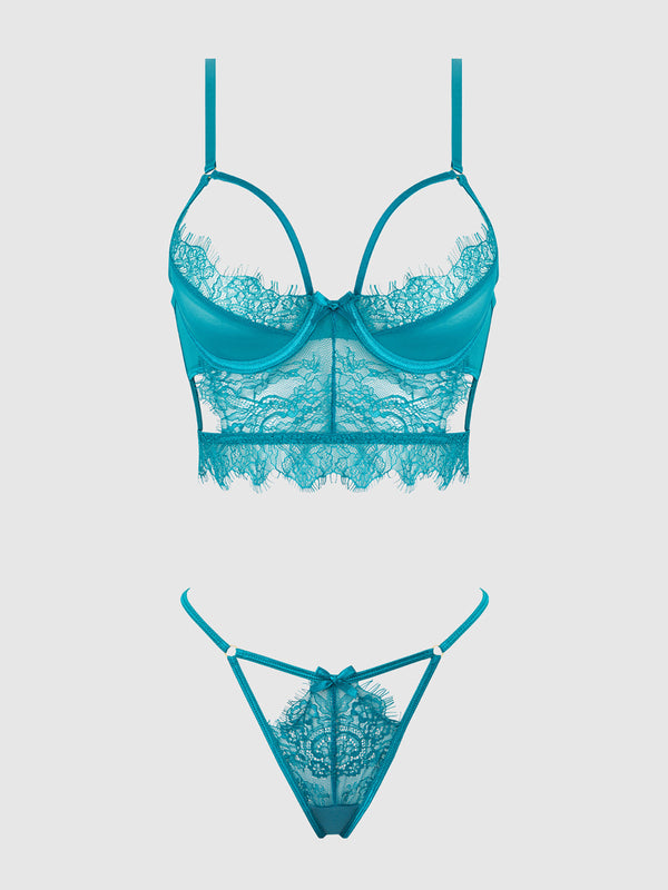 House of Desire Mila Eyelash Lace Strappy Longline Bra & Tanga Set