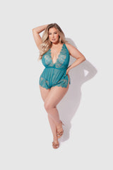 Mila Mesh & Eyelash Lace High Slit Romper Teddy