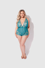 Mila Mesh & Eyelash Lace High Slit Romper Teddy