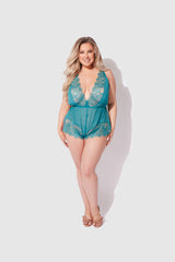 House of Desire Queen Mila Mesh & Eyelash Lace High Slit Romper Teddy