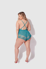 Mila Mesh & Eyelash Lace High Slit Romper Teddy