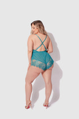 House of Desire Queen Mila Mesh & Eyelash Lace High Slit Romper Teddy