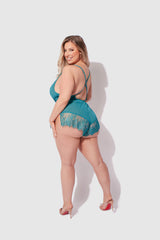 Mila Mesh & Eyelash Lace High Slit Romper Teddy
