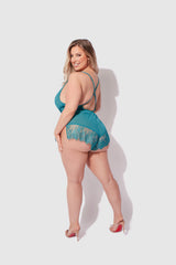House of Desire Queen Mila Mesh & Eyelash Lace High Slit Romper Teddy
