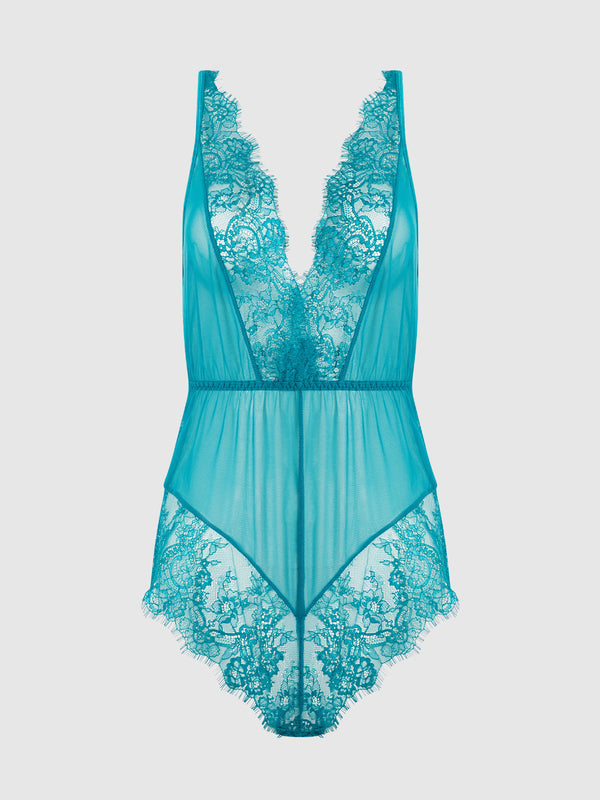 House of Desire Mila Mesh & Eyelash Lace High Slit Romper Teddy