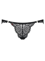 Mixty Cheekini Bikini: Black lace panties with charming design, decorative rings, and shiny jewels.