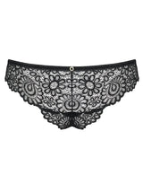 Mixty Cheekini Bikini: Black lace panties with charming floral design, decorative rings, and shiny jewels.