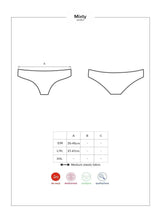 Mixty Cheekini Bikini size chart with measurements for S/M, L/XL, and XXL, highlighting elastic fabric.