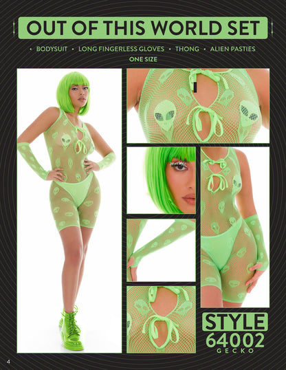 Kandi House Out of This World 4pc Alien Bodysuit Gloves Set Green