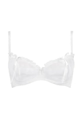 Sensual snow-white Neige Peek-a-boo Shelf Bra with exciting slits, delicate ruffles, and sheer tulle.