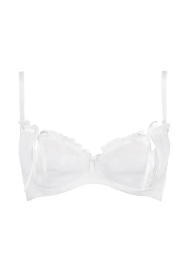 Sensual snow-white Neige Peek-a-boo Shelf Bra with exciting slits, delicate ruffles, and sheer tulle.