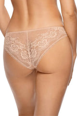 Nella Briefs: Girly beige floral lace panties with elastic lace back, breathable cotton crotch for comfort.