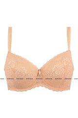 Nella Push-up Bra in Cream Beige with lace overlay, ribbon bow, and golden charm.