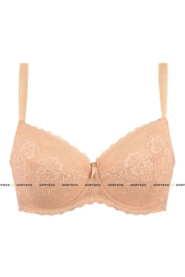 Nella Push-up Bra in Cream Beige with lace overlay, ribbon bow, and golden charm.