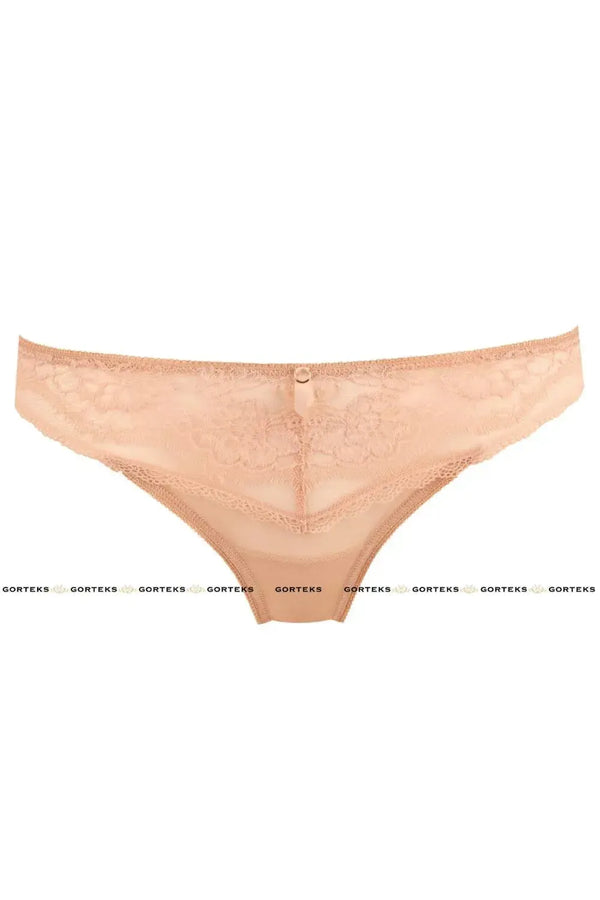 Nella Thong: Girly beige floral lace thong panties with a comfortable cotton crotch.