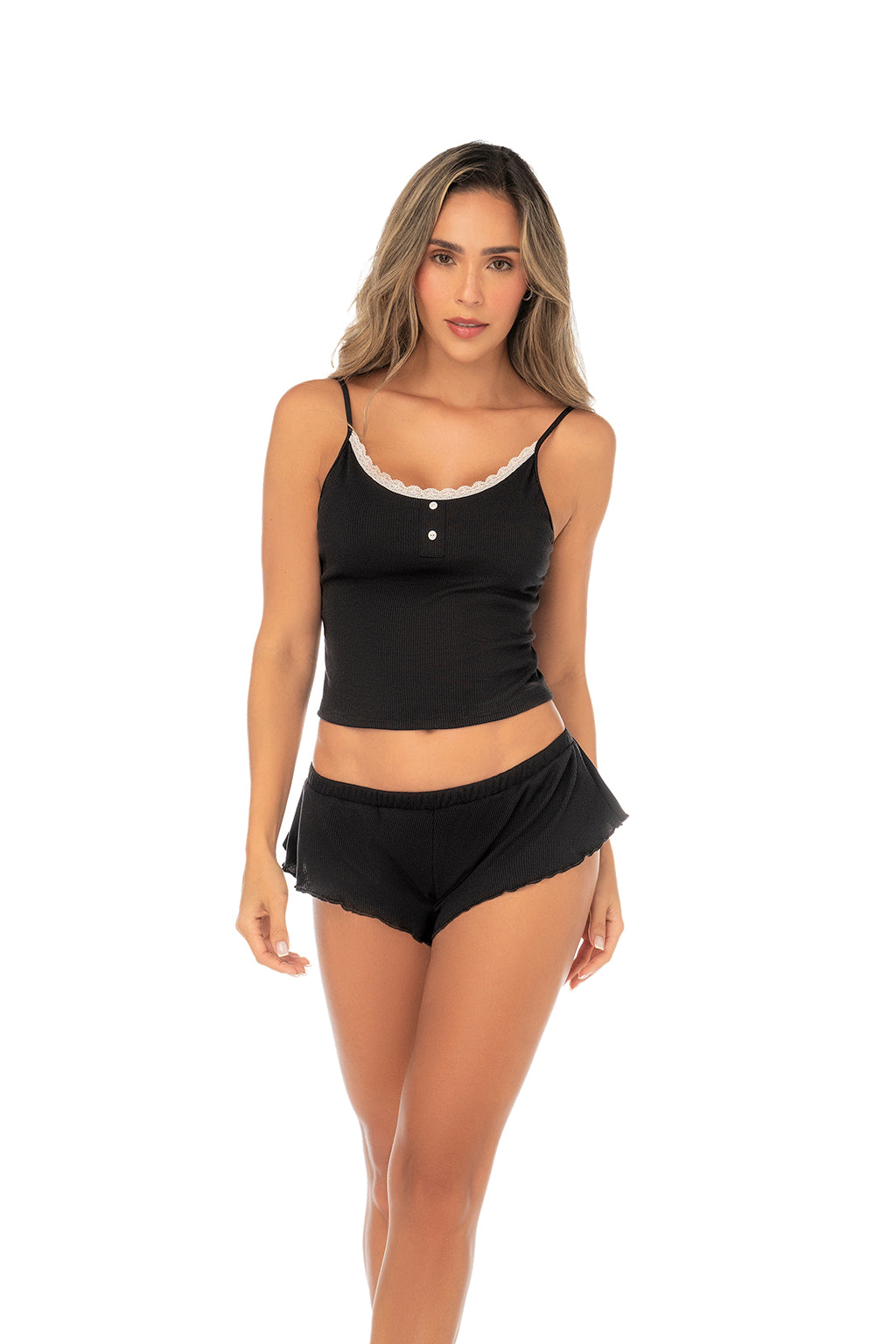 Mapale Nightcap Contrast Trim Cami and Shorts Set Black
