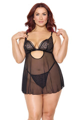 Coquette Queen Feline Fatale Babydoll & G-String Sheer Black/Rose Gold