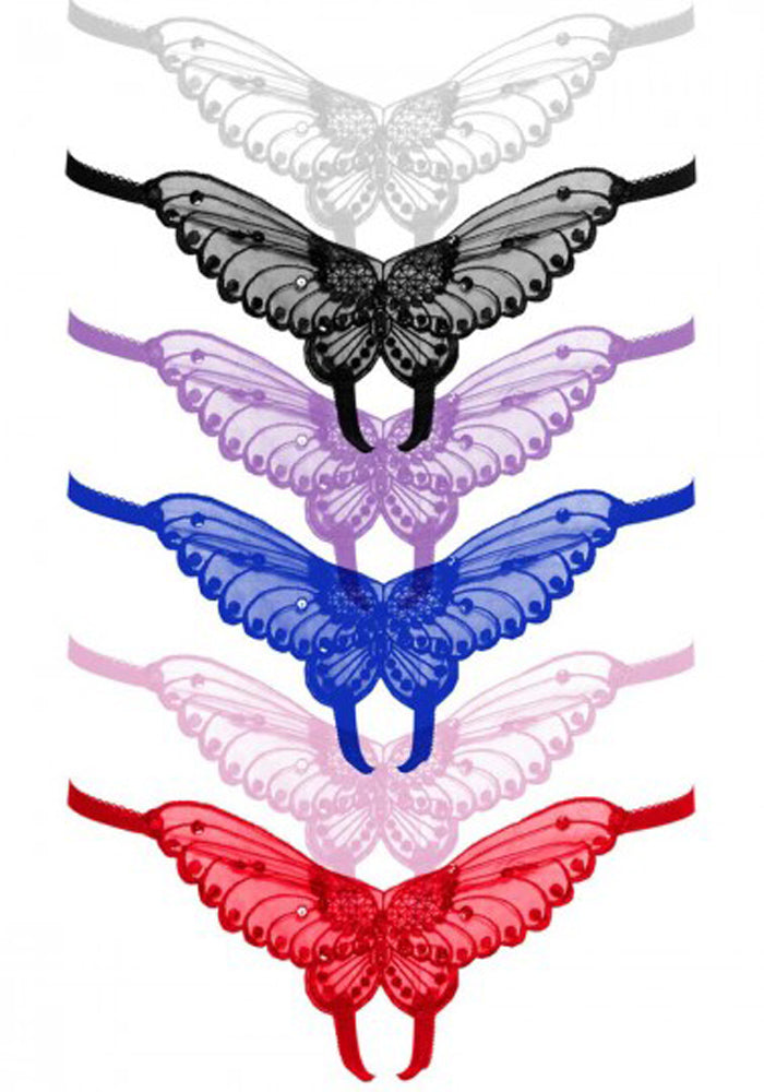 "Butterfly Crotchless Panty With Pearl Accents - Assorted Colors - One Size LA-2600"