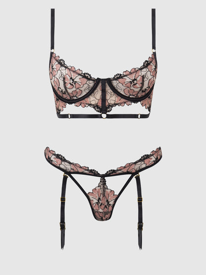 House of Desire Nova Blacklight Glow Lace Bra & Gartered Thong Set