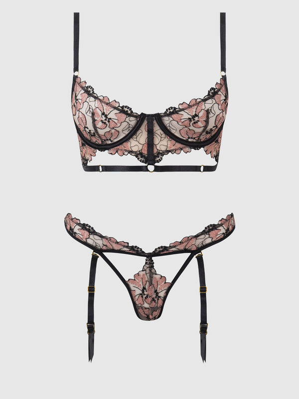 House of Desire Nova Blacklight Glow Lace Bra & Gartered Thong Set