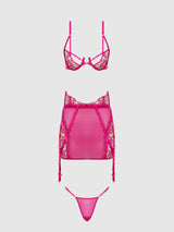 Nova Blacklight Glow Lace Bra, Skirt & G-String Set Pink Dragon
