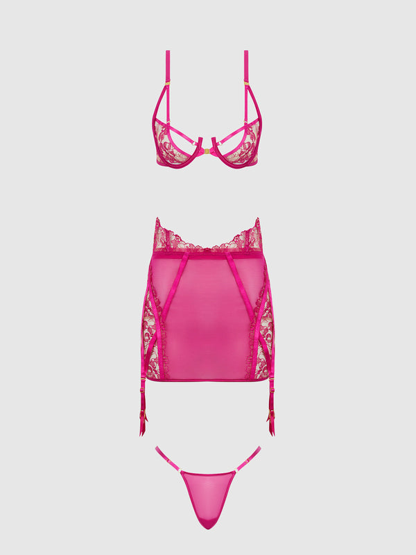 House of Desire Nova Blacklight Glow Lace Bra, Skirt & G-String Set Pink Dragon