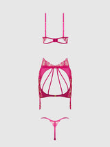 Nova Blacklight Glow Lace Bra, Skirt & G-String Set Pink Dragon