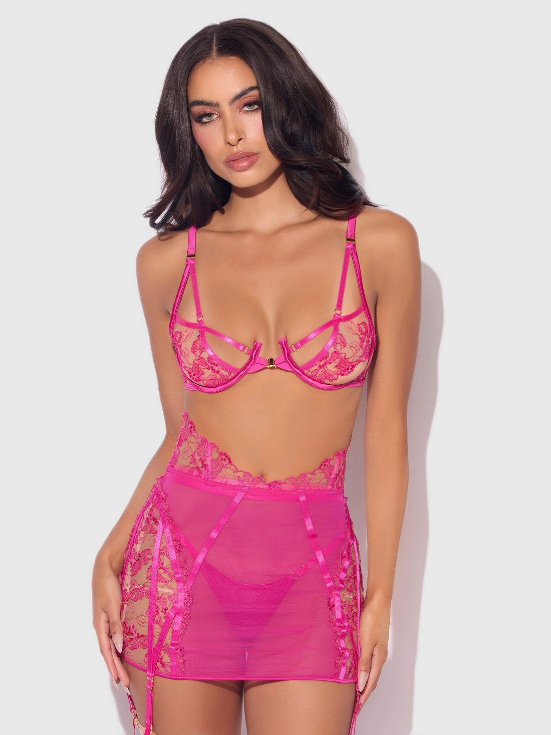 House of Desire Nova Blacklight Glow Lace Bra, Skirt & G-String Set Pink Dragon