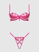 Nova Blacklight Glow Lace Pearl Bra & Crotchless G-String Set Pink Dragon