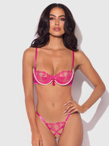 House of Desire Queen Nova Blacklight Glow Lace Pearl Bra & Crotchless G-String Set Pink Dragon