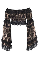 Daisy Corsets Nude/Black Lace Smocked Flare Sleeve Peasant Top