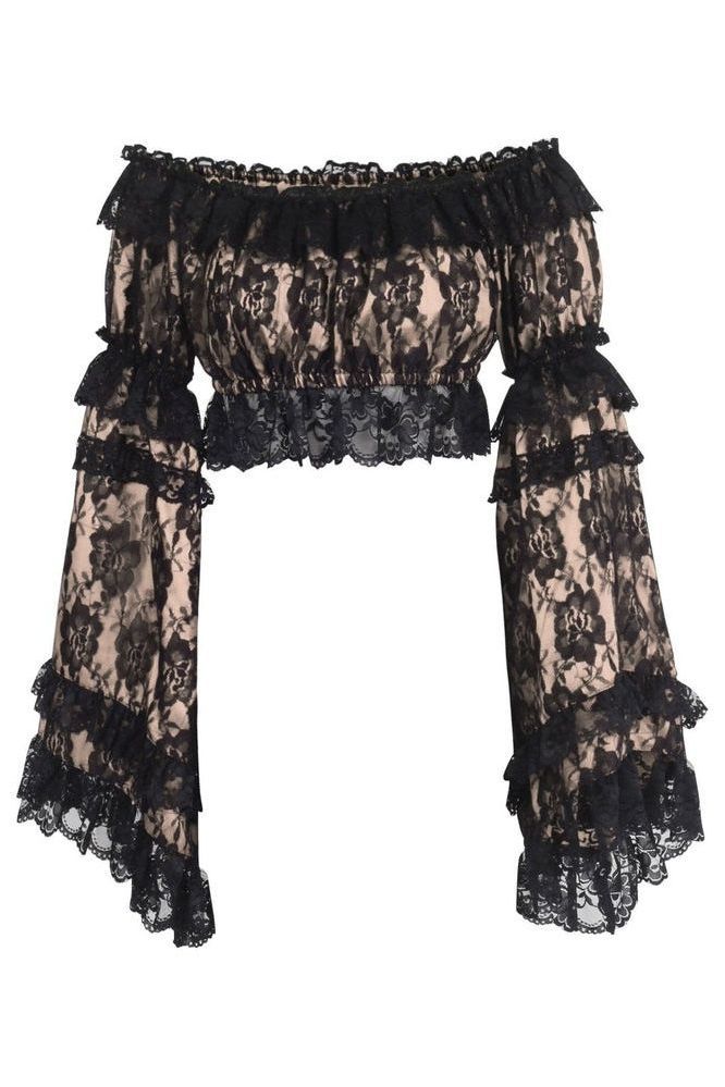 Daisy Corsets Nude/Black Lace Smocked Flare Sleeve Peasant Top