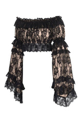 Daisy Corsets Nude/Black Lace Smocked Flare Sleeve Peasant Top