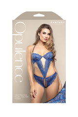 Fantasy Lingerie Opulence Crotchless Pearl Halter Teddy Royal Blue