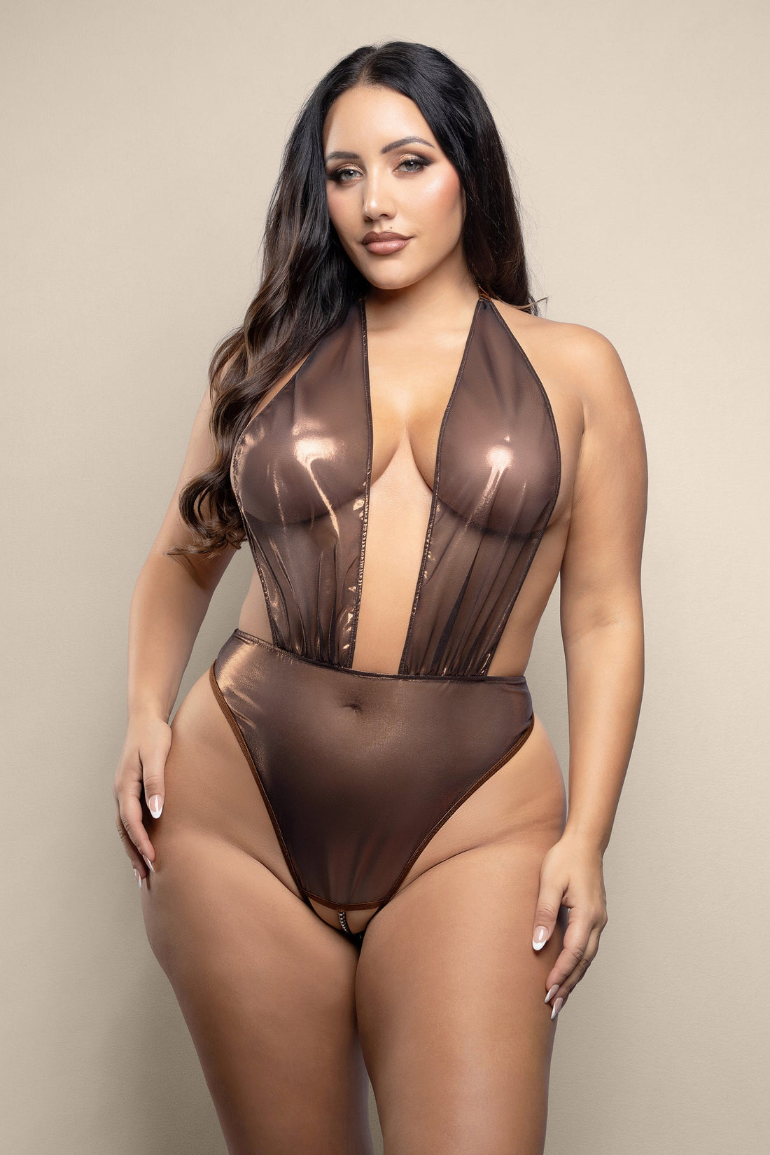Fantasy Lingerie Queen Opulence Crotchless Pearl Plunge Teddy Chocolate Metallic Foil Mesh