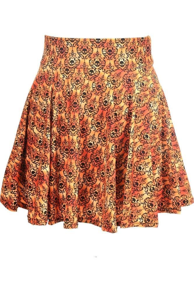 Daisy Corsets Orange Skulls Gothic Print Stretch Lycra Skirt
